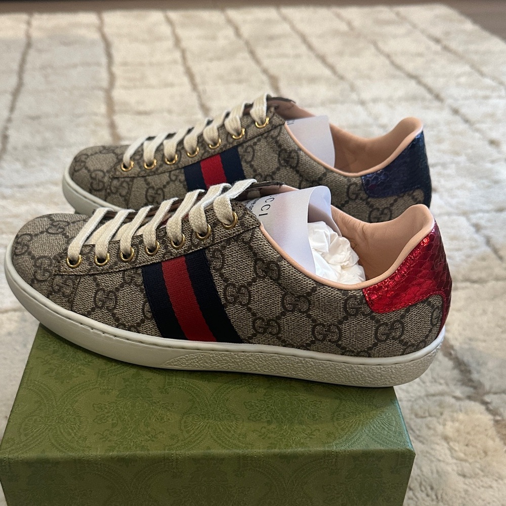 Gucci Beige Monogram Sneakers with Red and Blue Accents
